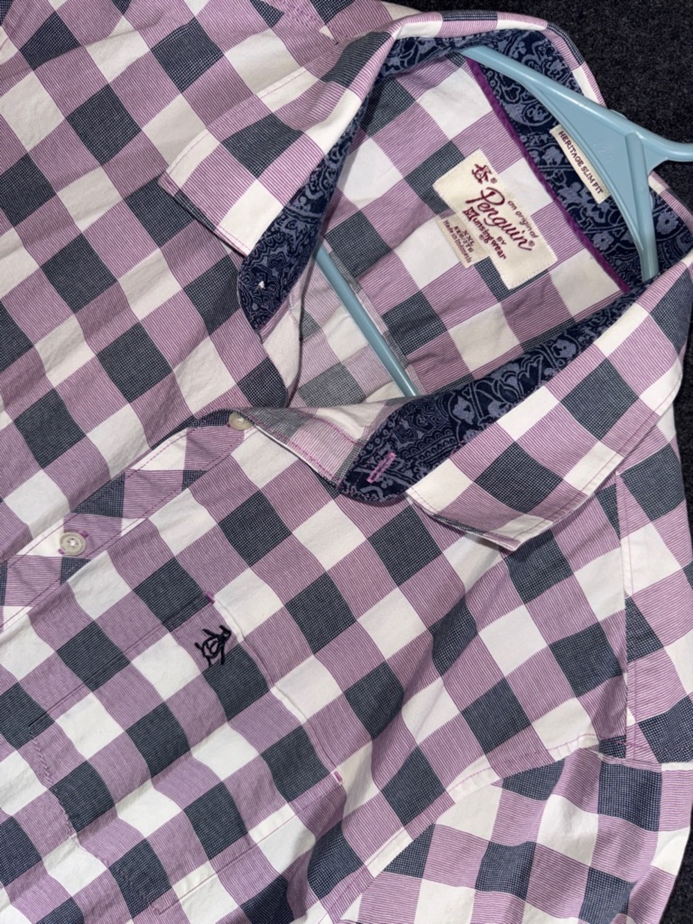 Original Penguin Mens Heritage Slim Fit Gingham Button Down Shirt Purple XL